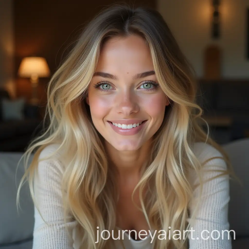 Young-Woman-with-Bright-Smile-and-Blue-Eyes-Sitting-on-Cozy-Couch-at-Home