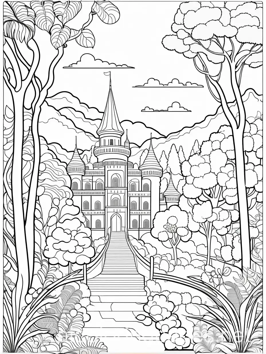 Kids-Cartoon-Jungle-with-Distant-Castle-Coloring-Page