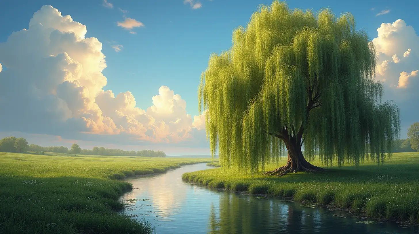 Serene Willow Tree by Stream with Magnificent Sky