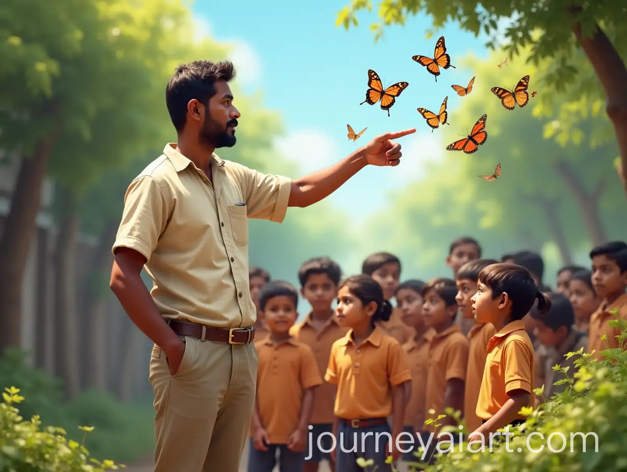 Indian-School-Teacher-and-Students-Exploring-Butterflies-in-Garden