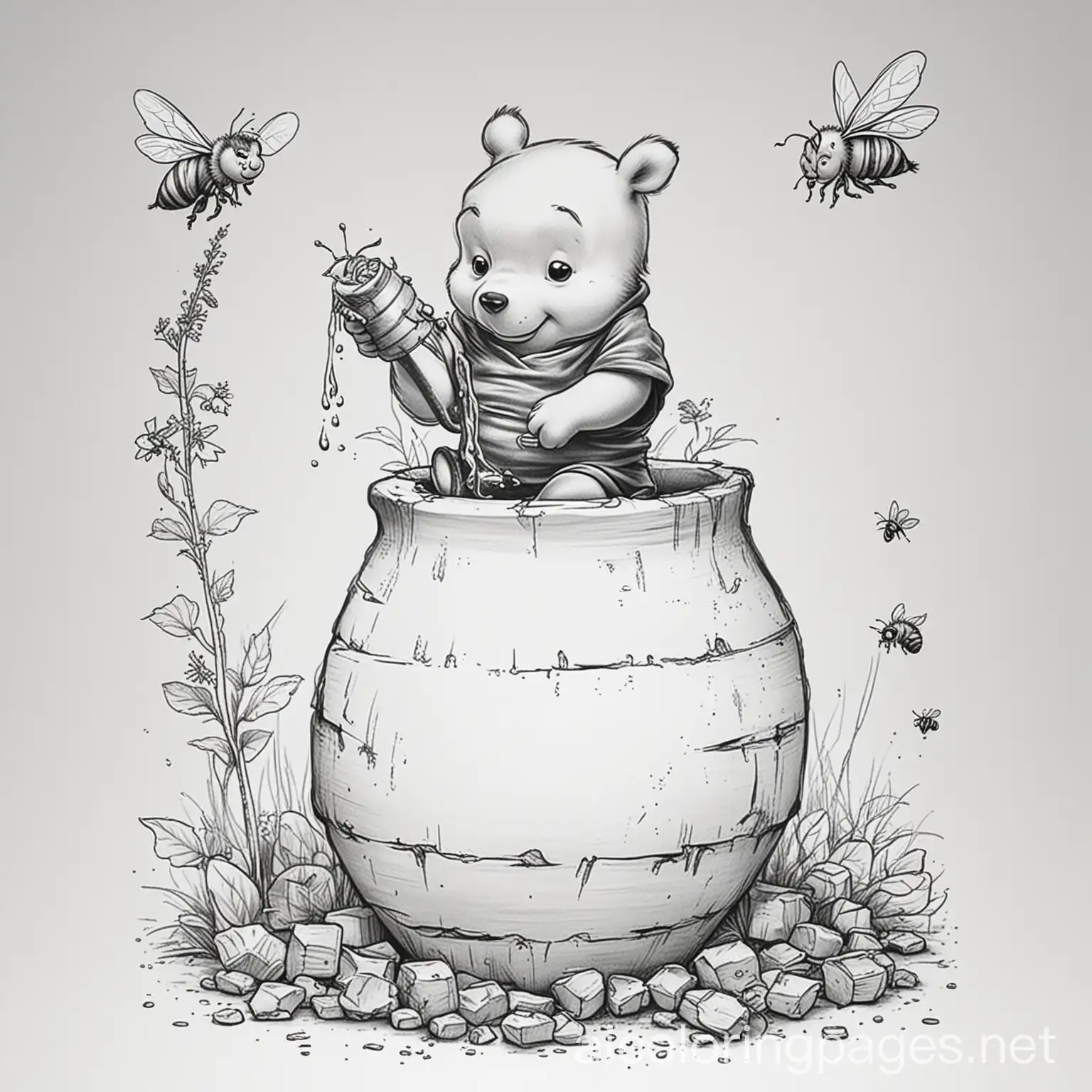 Winnie-the-Pooh-Enjoying-Honey-While-Bees-Buzz-Around