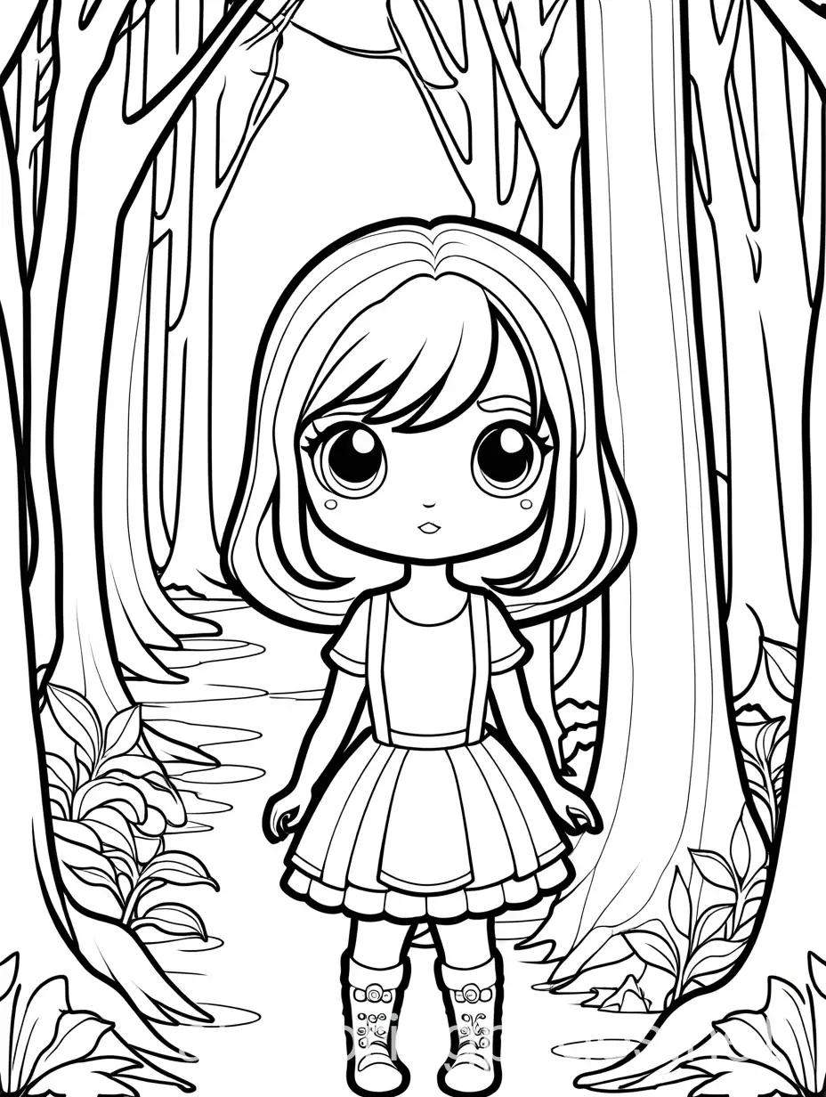 Chibi-Style-Girl-in-Spooky-Forest-Coloring-Page