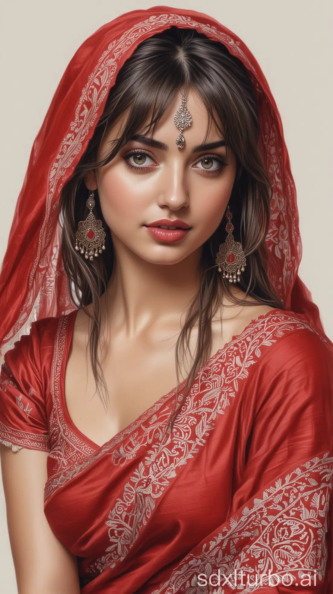 pencil sketch  of ana de armas in red saree and indian ornaments and white background with bangs, and posing like a model, and texture of picture like painting half realistic