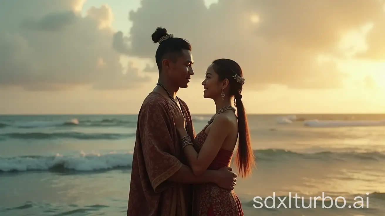 An image of Betoambari, a dashing young man in traditional Javanese dress, with wa sirigina, the smiling daughter of an ancient Javanese king, against the backdrop of the ocean with a mystical atmosphere in the morning with dim sunlight.