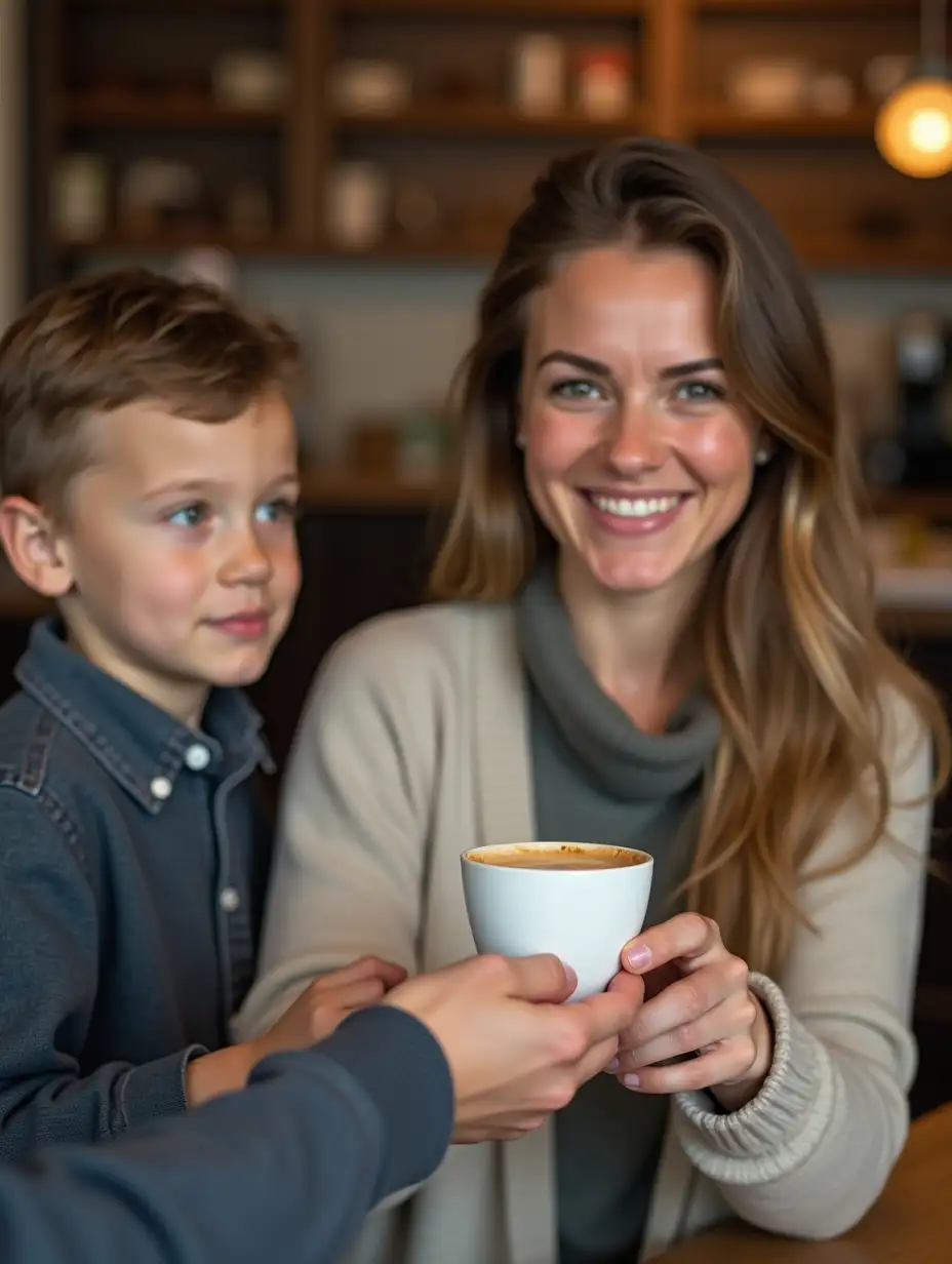 a woman at a coffee shop being handed the cup of coffee that she ordered at the ordering desk. The woman has her young son with her.