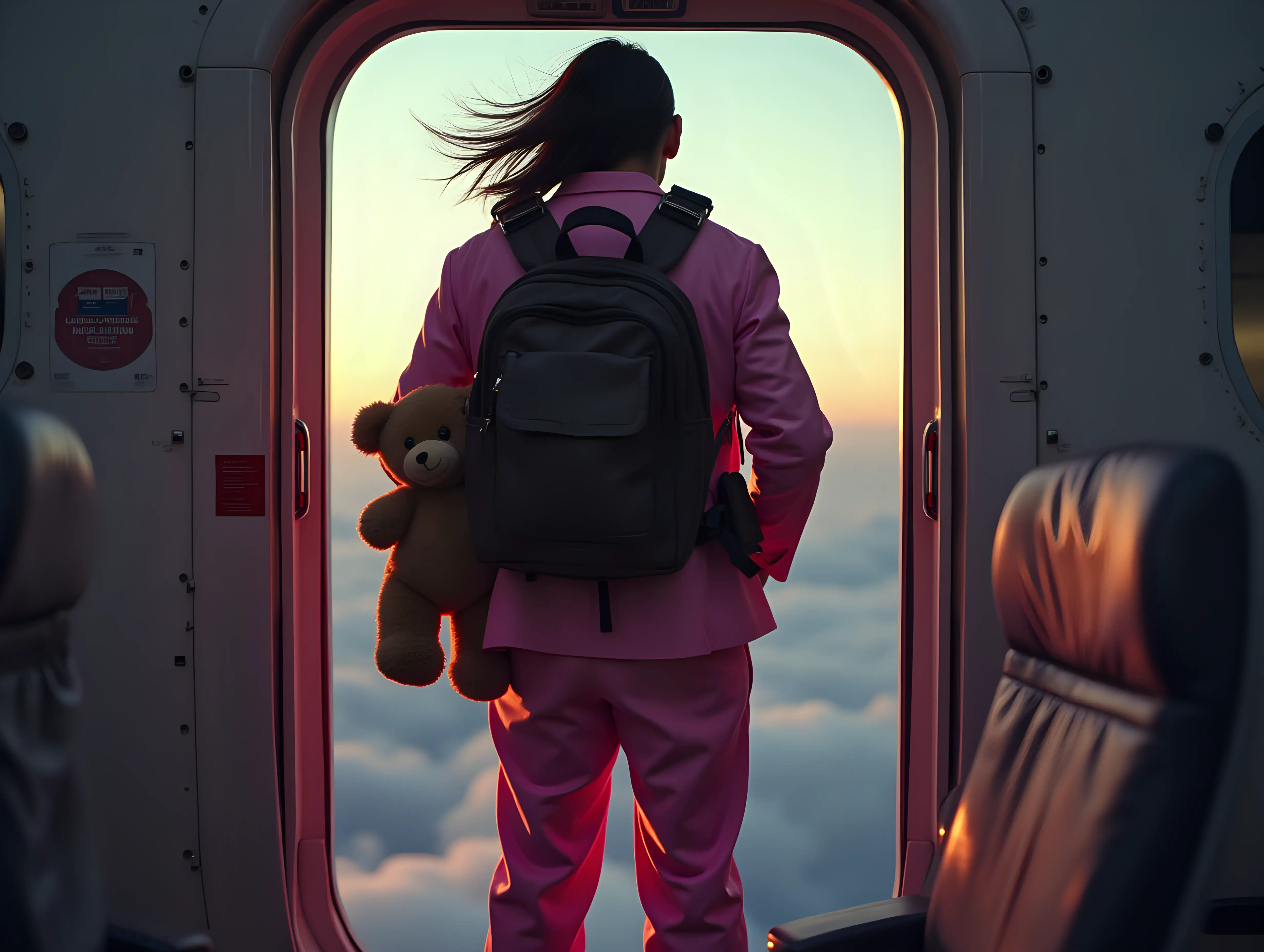 Man in Pink Suit Preparing to Parachute from Aircraft at Dusk