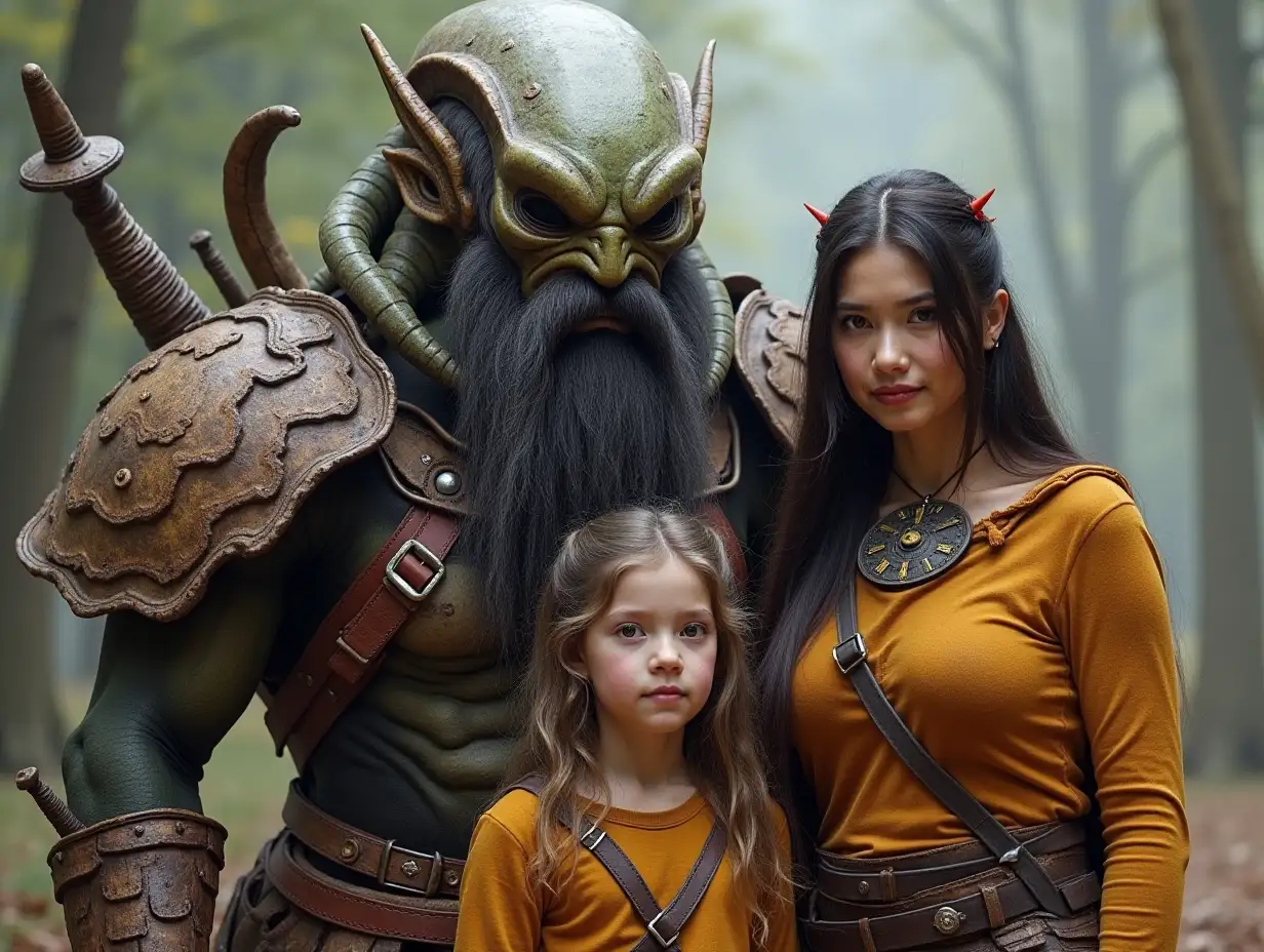 Ki-Fantasy family,Man,Woman, and Children, giant alien face with beard and with wooden armor equipment