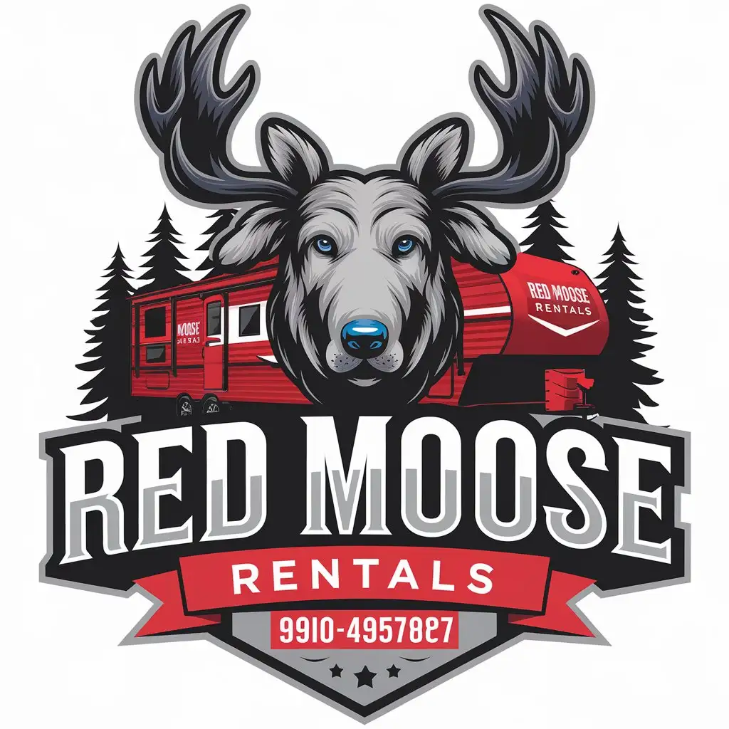 LOGO Design for Red Moose Rentals Bold and Modern with Dog RV and Pine Trees