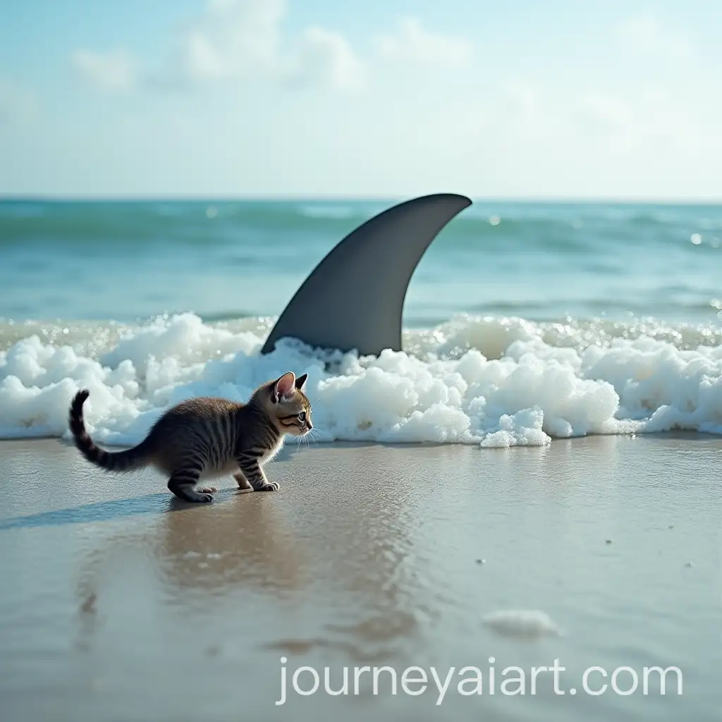 Menacing-Shark-Fin-Approaching-Playful-Kitten-on-the-Shoreline
