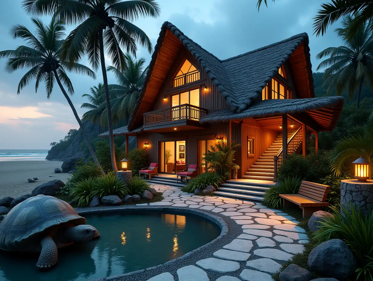 Crooked house with plants, a giant turtle, a lit path to the beach. Triangular window shapes, grand marble entrance staircase, curved wooden roof with pond, glowing lanterns, benches with a view of the beach, 4K resolution, colorful, super wide-angle shots