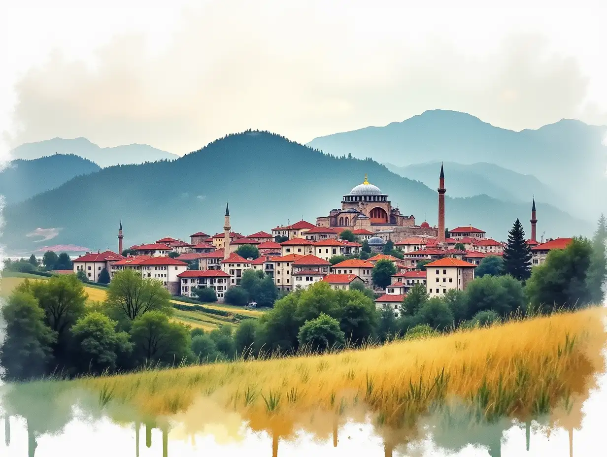 Bursa landscape with grunge watercolor effect. Oil paint design of historical Turkish houses on Uludag mountain hills. Bursa touristic city in Turkey.