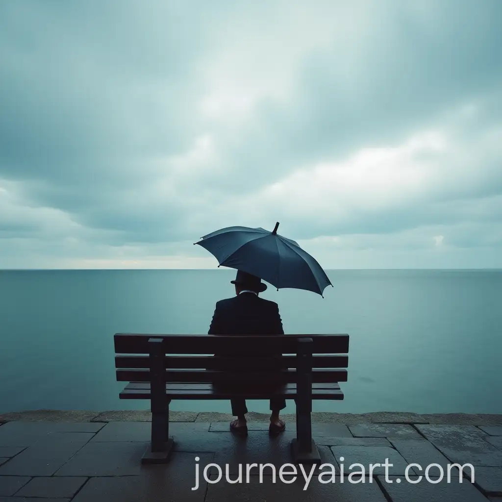 Man-with-Hat-Holding-Umbrella-Sitting-on-Bench-Looking-at-the-Sea-in-Long-Exposure-Photograph