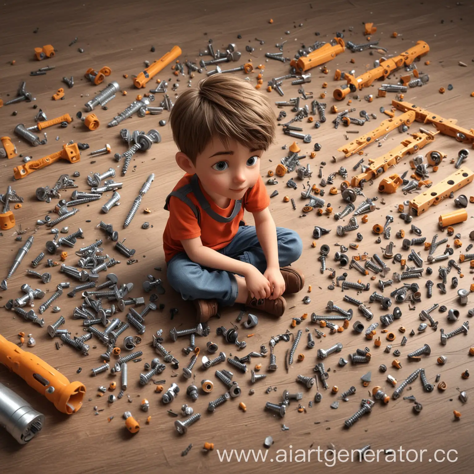 A boy sitting on the floor assembling a constructor, screws and bolts scattered around, animation drawing, caricature