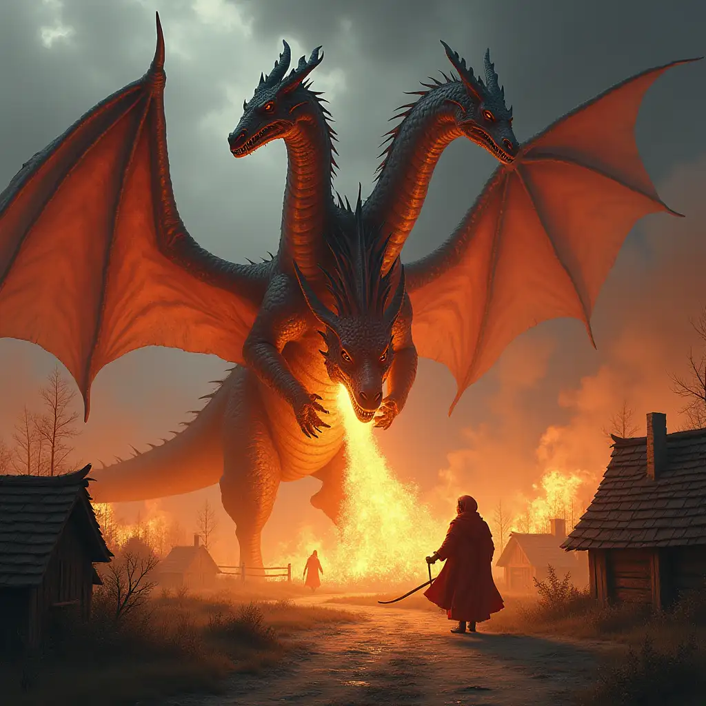 a three-headed dragon breathing fire at a slavic village