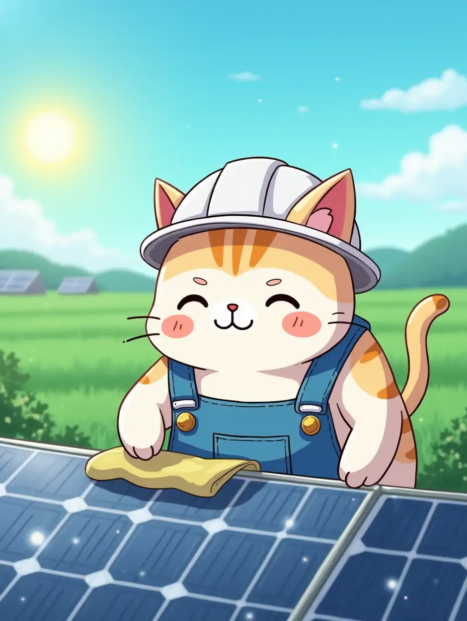 kawaii positive fluffy anime style cat in a white hard hat and blue overalls wipes a solar panel on a solar electric farm with a cloth. Green fields with solar energy farms in the background with atmosphere of magical glow, paint in cartoon anime style