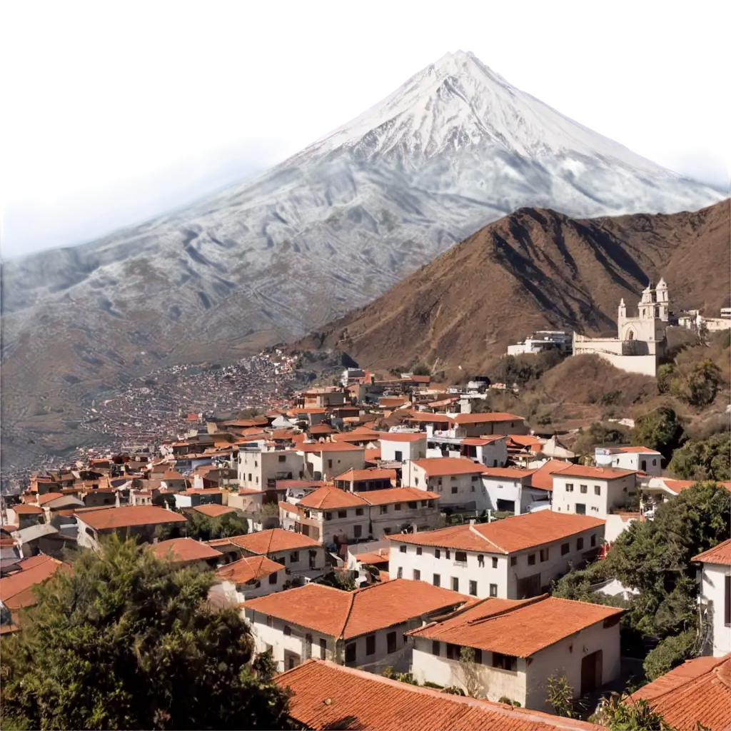 a magical Mexican town with tile-roofed houses, cobblestone streets and in the background the peak of Orizaba, a high snowy mountain