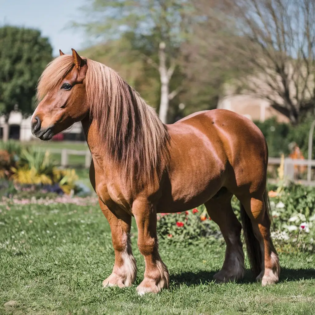 the image of a beautiful brown pony thicker manes, tails and overall coat, as well as proportionally shorter legs, wider barrels, heavier bone, thicker necks, and shorter heads