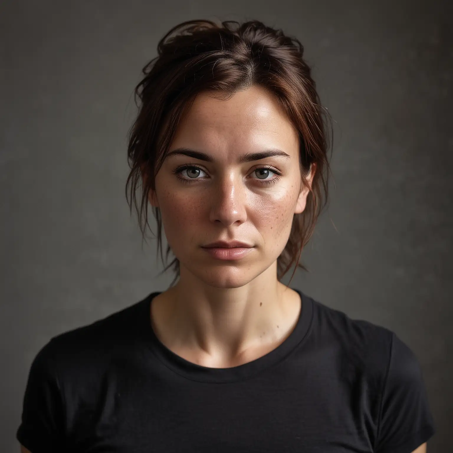 Serious Woman in Black TShirt and Grey Trousers with Freckles