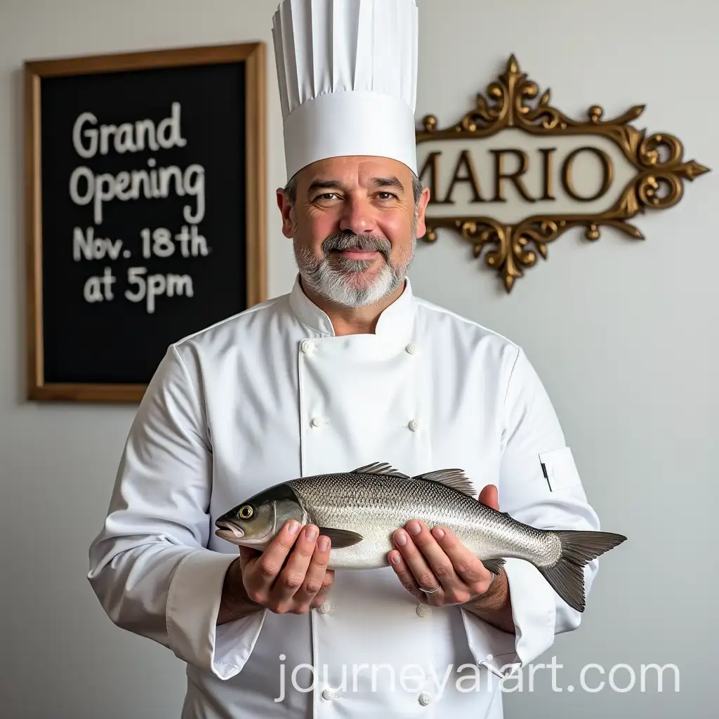 MiddleAged-White-Chef-Holding-Fish-with-Grand-Opening-Announcement