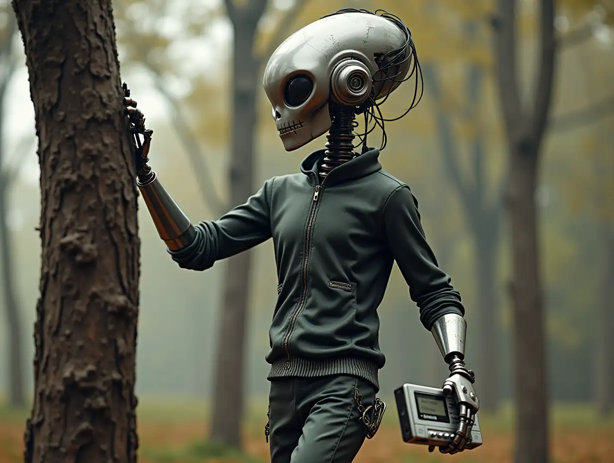 Create a high-resolution, realistic image of a robot dancing with a tree. It has a skeletal body, metal hands and the head of an alien, a fashionable tracksuit, steel hair and a Walkman in hand. 4K resolution (Steampunk 8K quality)