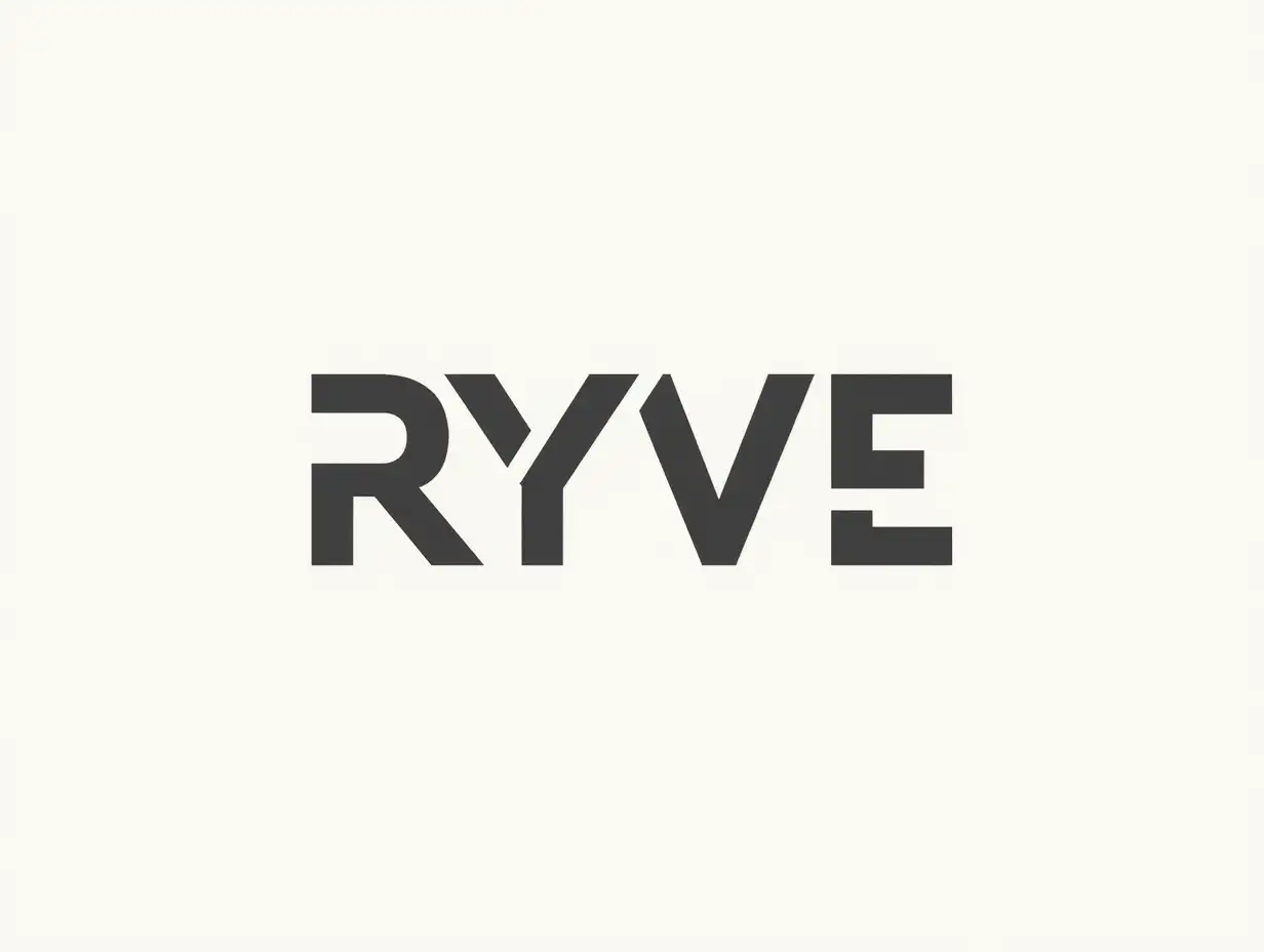 Create a RYVE brand logo in a strict minimalist style similar to the Bork logo. • **Font**: Geometric sans-serif, close to Helvetica Neue Bold - clear lines, neutral proportions, slightly compressed letters. • **Letters**: R, Y, V, E capitalized, monochrome (black/dark gray), with neat rounded corners for softening strictness. • **Special accent**: Letter Y should be clearly visible, with diagonals at a 45-degree angle and smooth rounding at the point of connection. • **Composition**: The name RYVE is centered, without additional graphic elements. Maximum contrast between letters and background. • **Style**: Flat design, matte texture, premium and technological feeling.