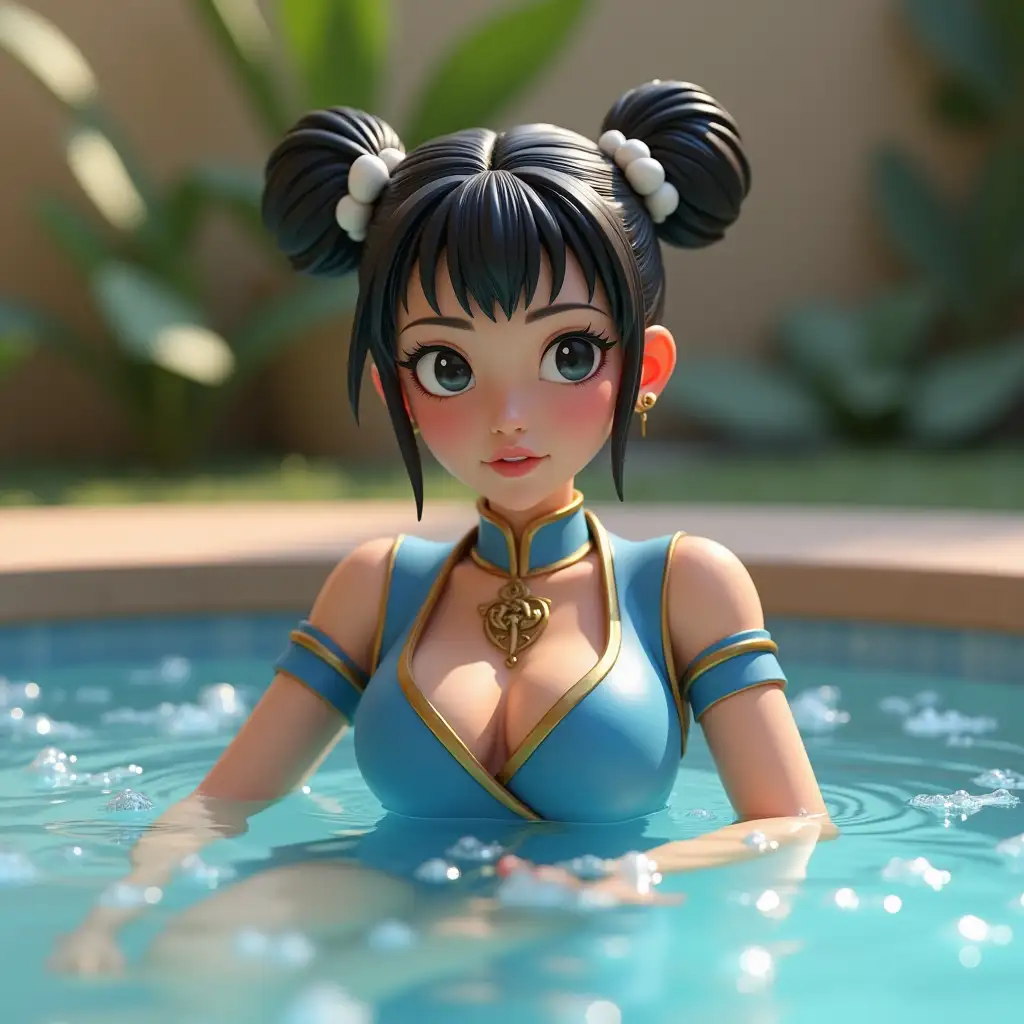 Create a 3D animated image of Chun-Li from Street Fighter, designed to look like a high-quality collectible figurine, relaxing in a jacuzzi. She should appear in her classic blue qipao with slight modifications for a more relaxed appearance, detailed with golden accents. Her hair is styled in twin buns with white ribbons, and her expression is calm and serene. The texture of her appearance should resemble smooth, polished plastic, emphasizing her stylized, game-accurate features. The jacuzzi setting is realistic, with softly lit surroundings and bubbles in the water, providing a tranquil atmosphere.