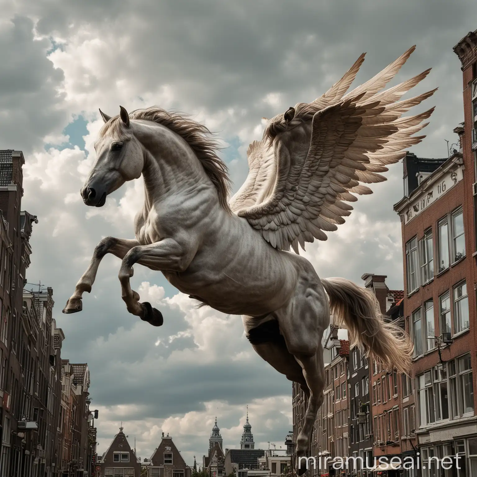 Realistic Horse with Angelic Wings Flying over Amsterdam