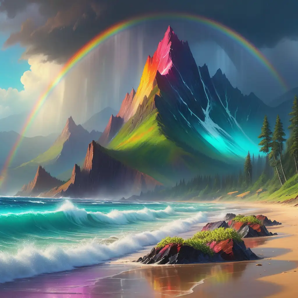 Dramatic-Mountain-Range-and-Beach-Scene-with-Rainbow-and-Rain-Shower