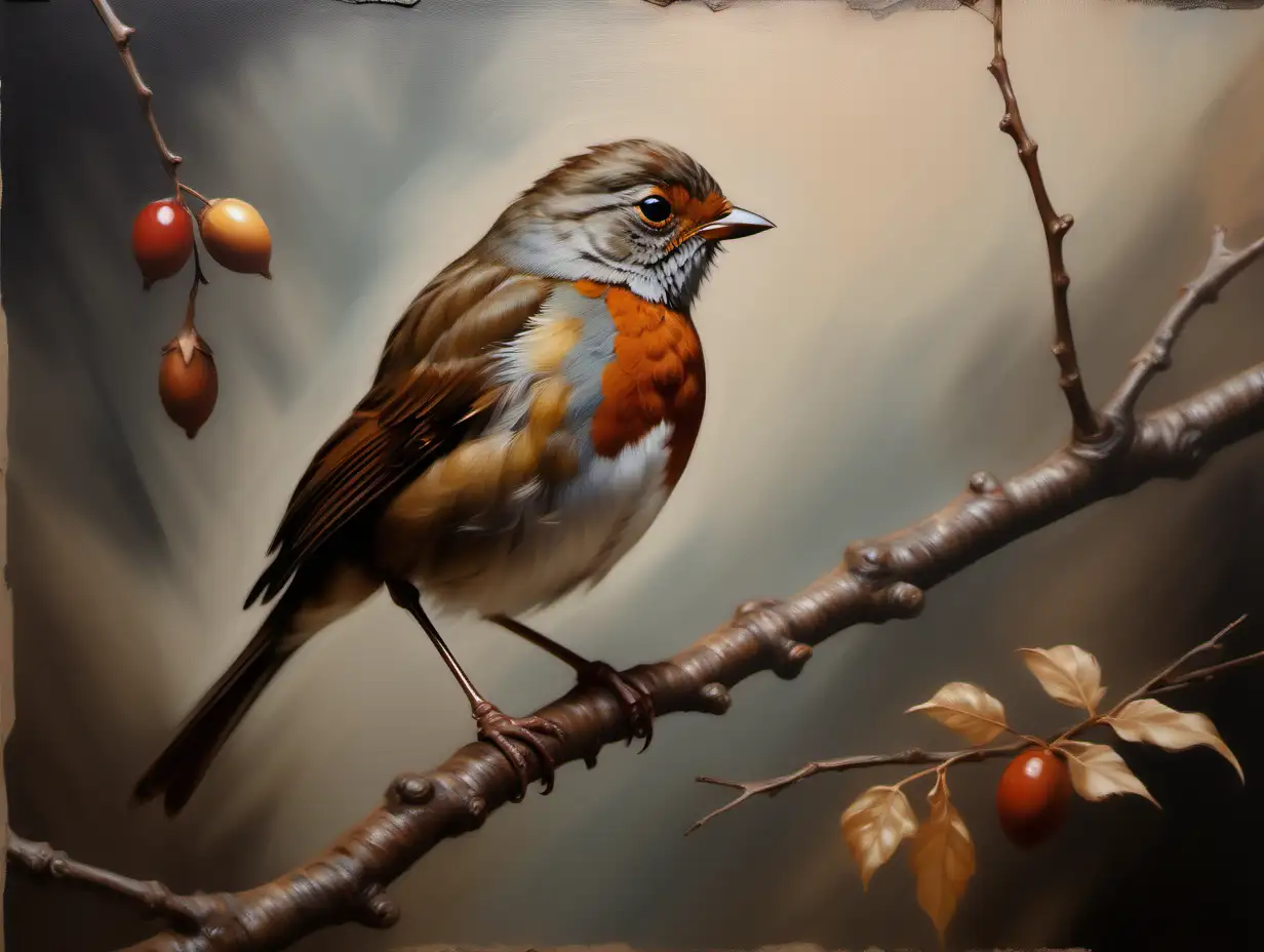 Oil-Painting-of-a-Robin-Perched-on-a-Branch-in-Classic-Baroque-Style