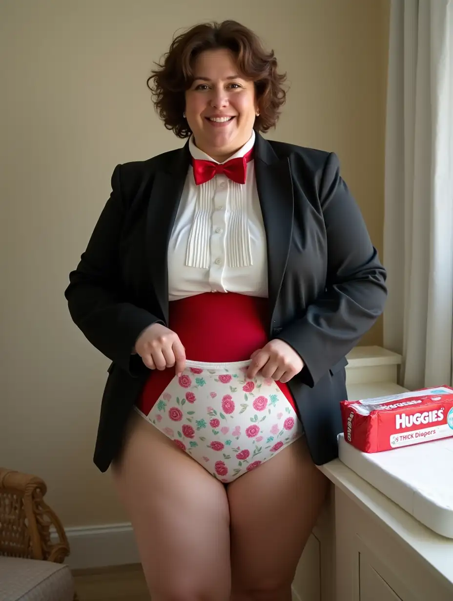 Smiling-MiddleAged-Woman-in-Tuxedo-Unfolding-Diaper-in-Nursery