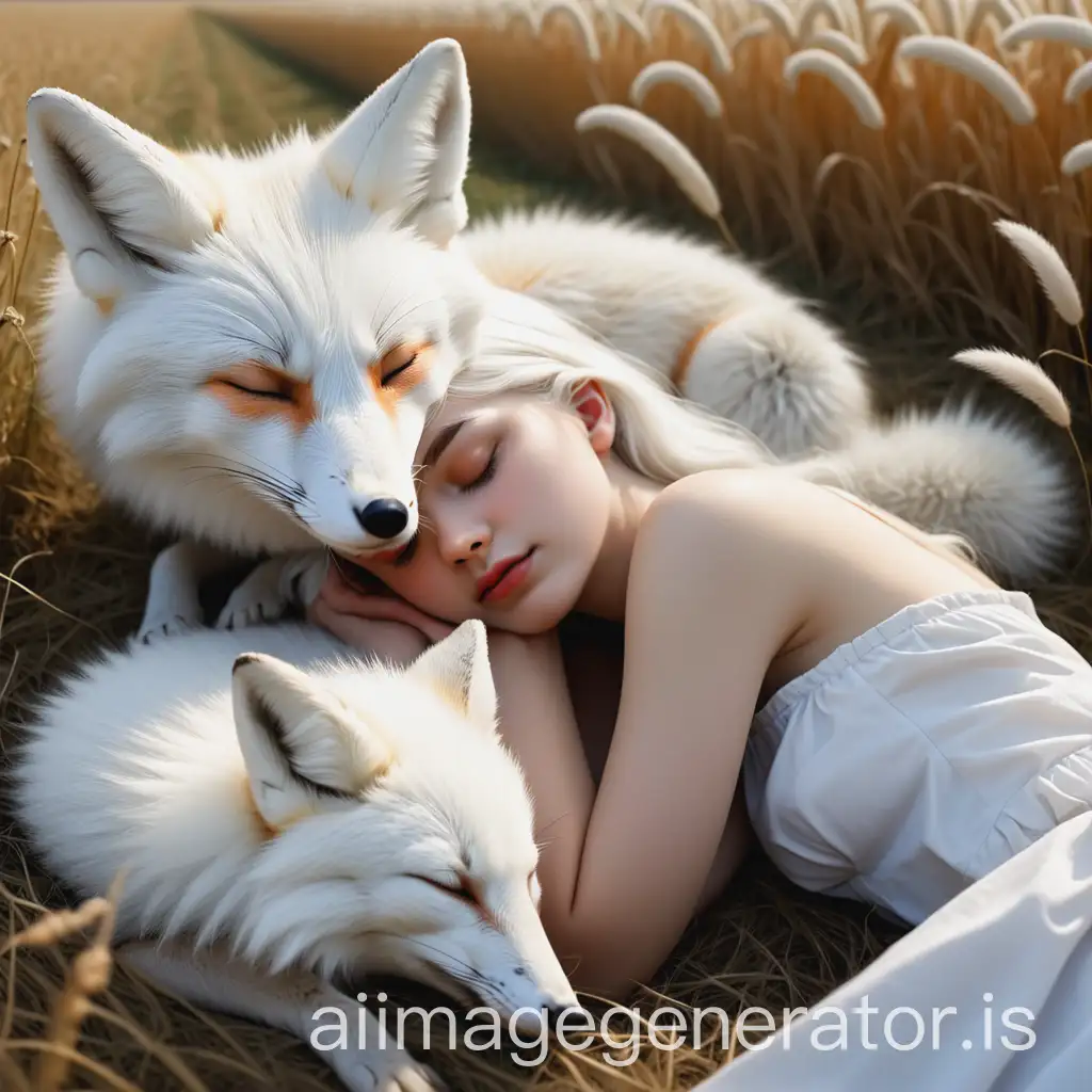 Girl-Sleeping-with-a-White-Fox-in-a-Serene-Field