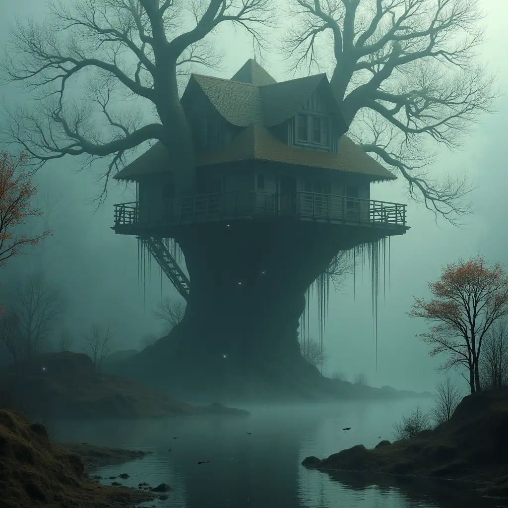 Create an image of a large ruined treehouse, murky water and fog with dragonflies, photo-realistic in detail and lighting