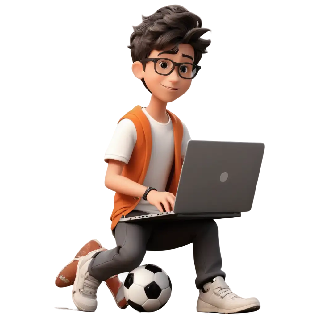 Animated-PNG-Image-of-a-Boy-in-Glasses-Working-on-a-Laptop-with-a-Football