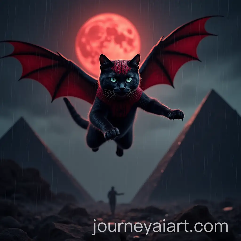 Flying-Cat-with-SpiderMan-Costume-Over-Pyramids-on-a-Cloudy-Rainy-Day