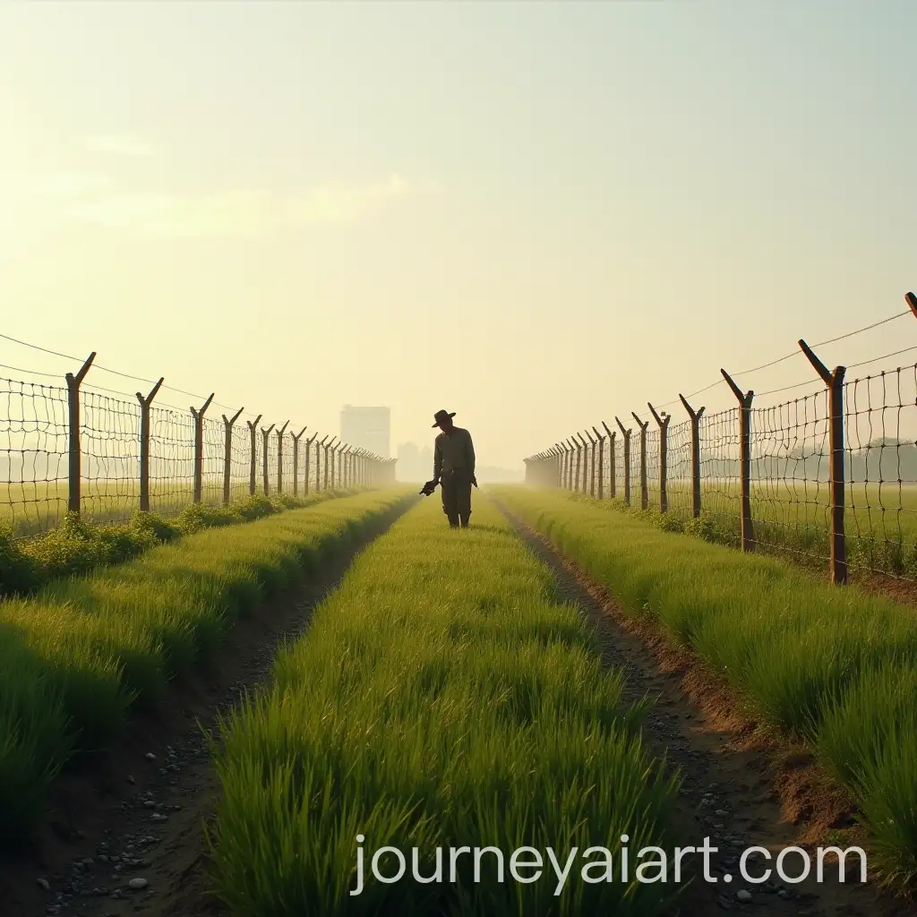 Rural-Farming-Scene-with-Farmer-in-Rectangular-Field-and-Wire-Fencing