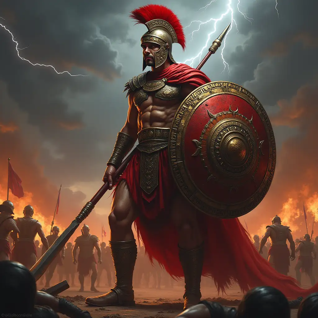 A powerful depiction of Ares, the Greek god of war, standing in the midst of a battlefield. He is clad in blood-red and black armor, adorned with intricate engravings of battle scenes. His muscular form exudes strength and aggression, and his eyes burn with an intense, warlike fury. A towering Corinthian helmet with a crimson plume sits atop his head. He wields a massive spear in one hand and a shining bronze shield in the other, reflecting the fiery glow of the battlefield. The background is filled with smoke, fire, and fallen warriors, capturing the chaos of war. Lightning cracks in the stormy sky, adding to the dramatic and fearsome atmosphere.