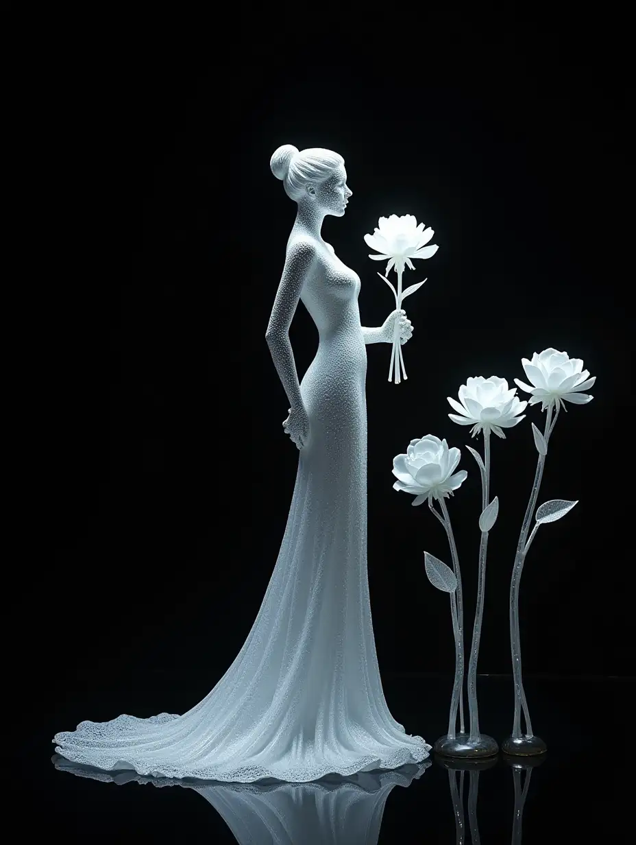 Glass Art | Elegant woman in a dress holding roses | Black background with high contrast | Full-body shot, centered | Ultra-detailed, intricate design | Surreal aesthetic; Glowing white flowers on the right side; Beautiful woman standing straight with hands behind her back; Crystal clear details; Stunning, dramatic lighting