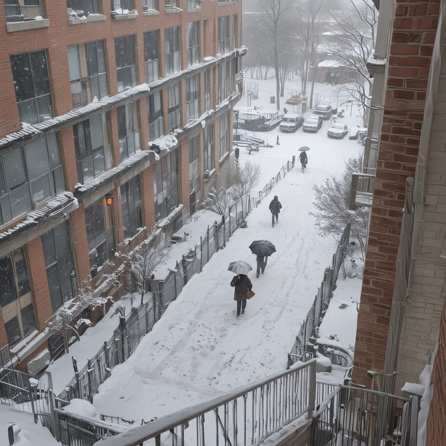 First-person perspective from a second-floor balcony of a school. A small path is visible to the right, close to the building. Heavy snow is falling, creating a winter wonderland. An elderly grandfather approaches, facing the viewer. He's holding an open umbrella in one hand and carrying a neatly folded sweater in the other. The scene is viewed at eye level. 4K resolution, CGI style rendering.