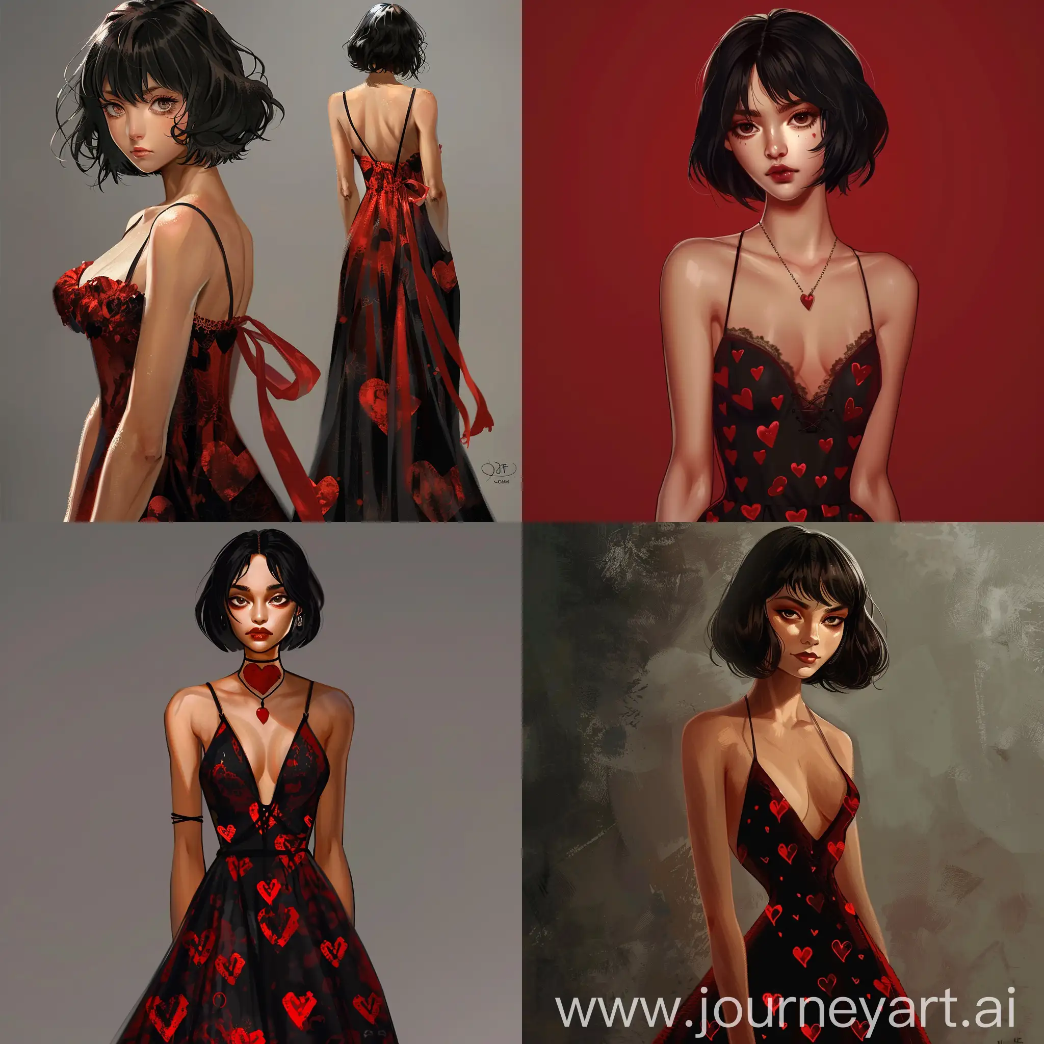 Girl-in-Long-Dark-Red-Dress-with-Red-Hearts-Pattern