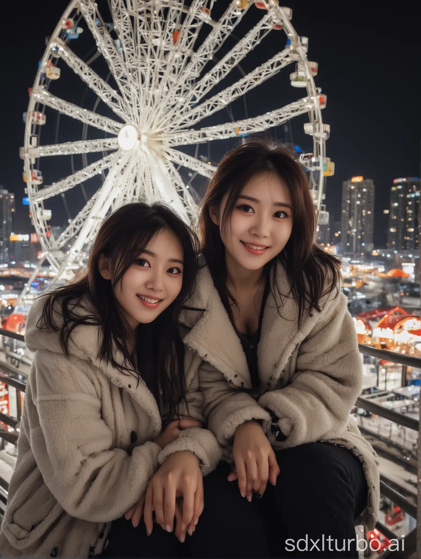 Two-Chinese-Women-with-Sweet-Smiles-on-a-Winter-Night-Ferris-Wheel-Ride