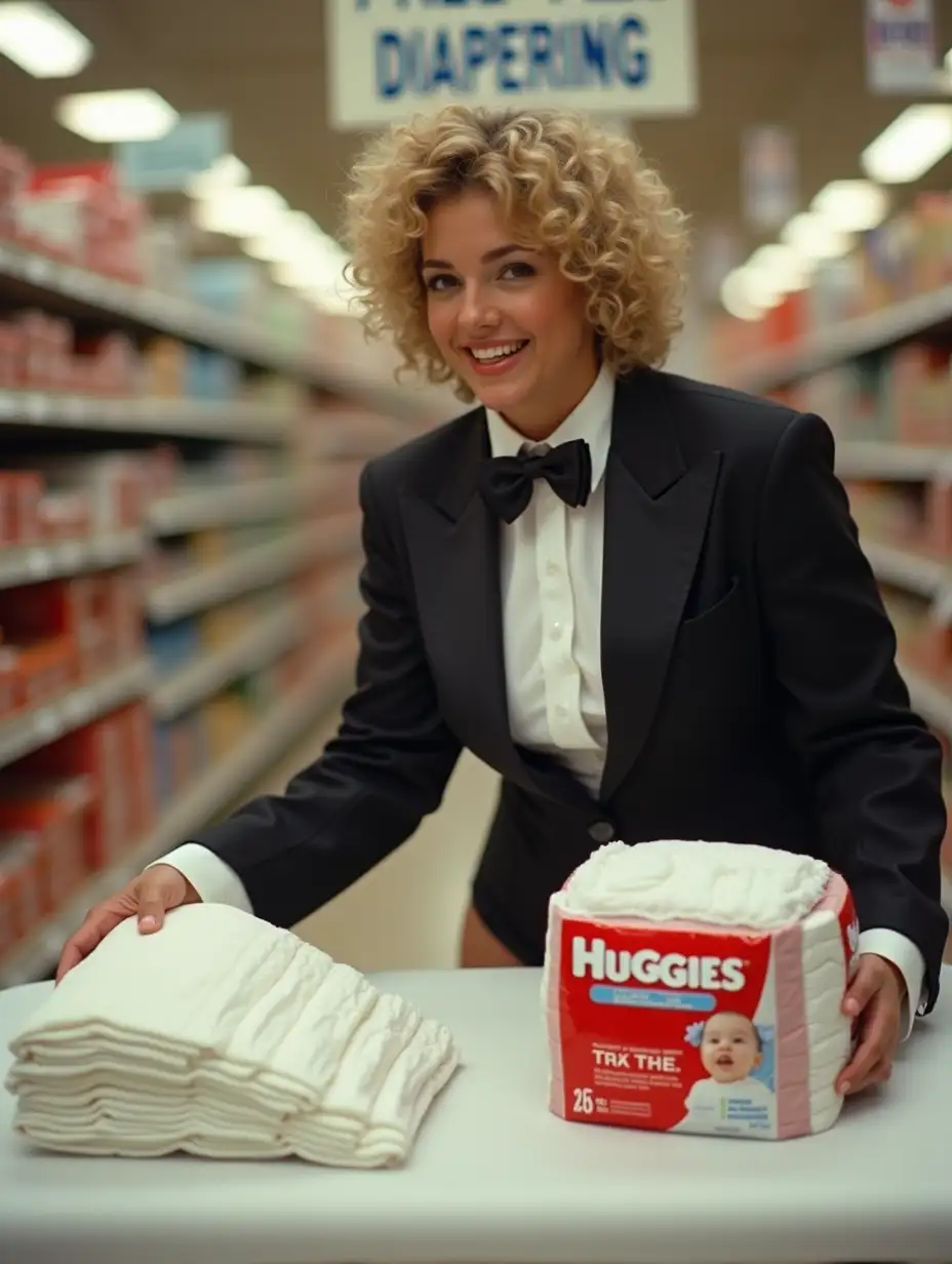 Caucasian-Woman-in-Formal-Tuxedo-Demonstrating-Diapers-at-Supermarket