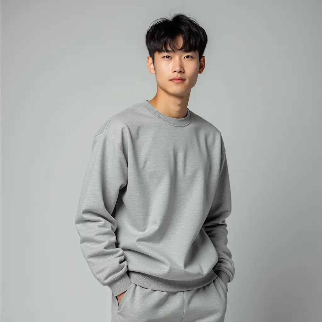 an Asian young man model wearing grey color sweatshirt and grey sweatpants