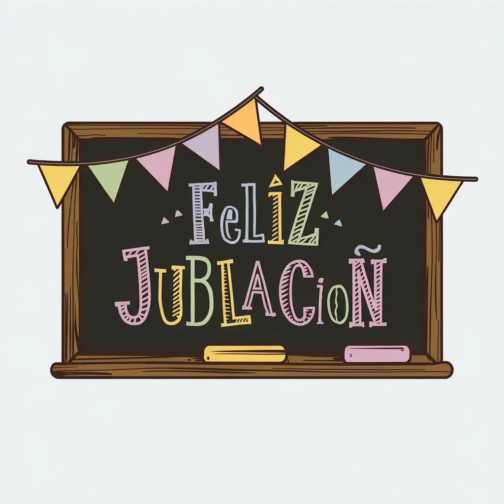 LOGO Design for Feliz Jubilacin Blackboard Black with Pastel Color Flags and Chalk Letters