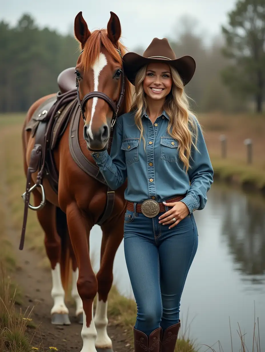 Smiling-Woman-in-Blue-Western-Outfit-Standing-Beside-Horse-by-Stream