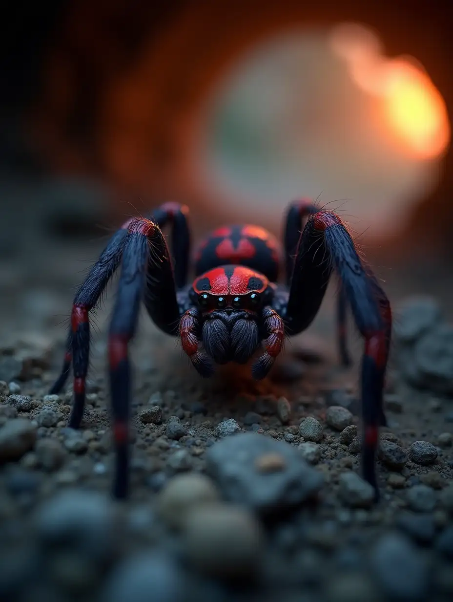 CloseUp-Spider-with-Red-and-Black-Body-in-Cave-at-Dusk