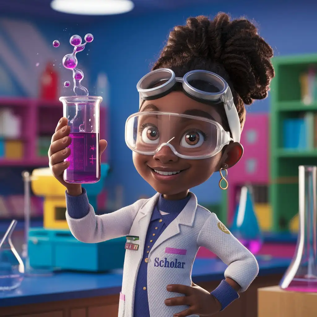 Pixar Style Scholar Girl in White Lab Coat with Beaker and Safety Goggles