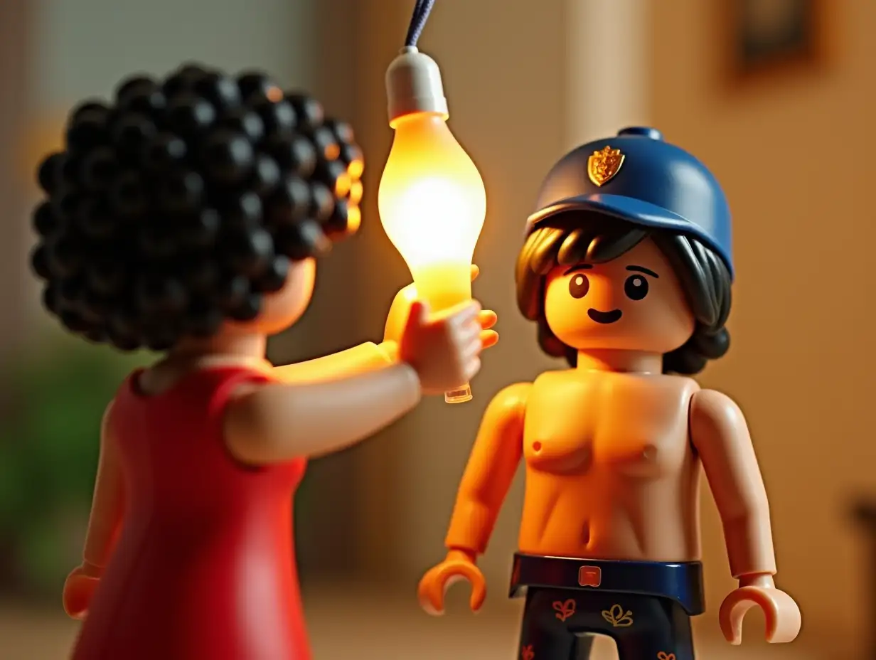 A Playmobil set, with a black-haired curly woman in a red dress cleaning the light bulb of a man in boxer shorts with a Police cap