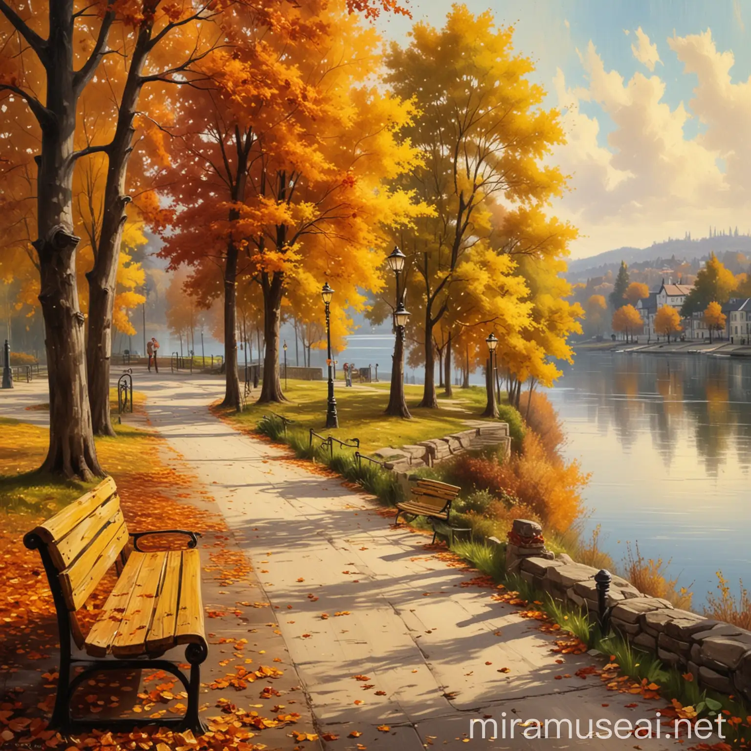 Autumn Lakeside Scene with Benches and Street Lights in Yellowish Hues