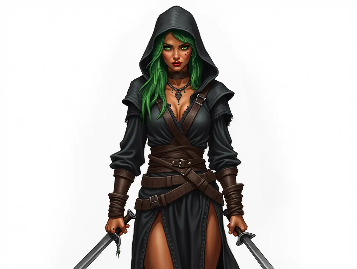 Green haired female elf rogue with copper skin, only black clothes, black hood, drawn in colored pencil style, white background, full body, armed with knives, face piercings, looking grim, full body