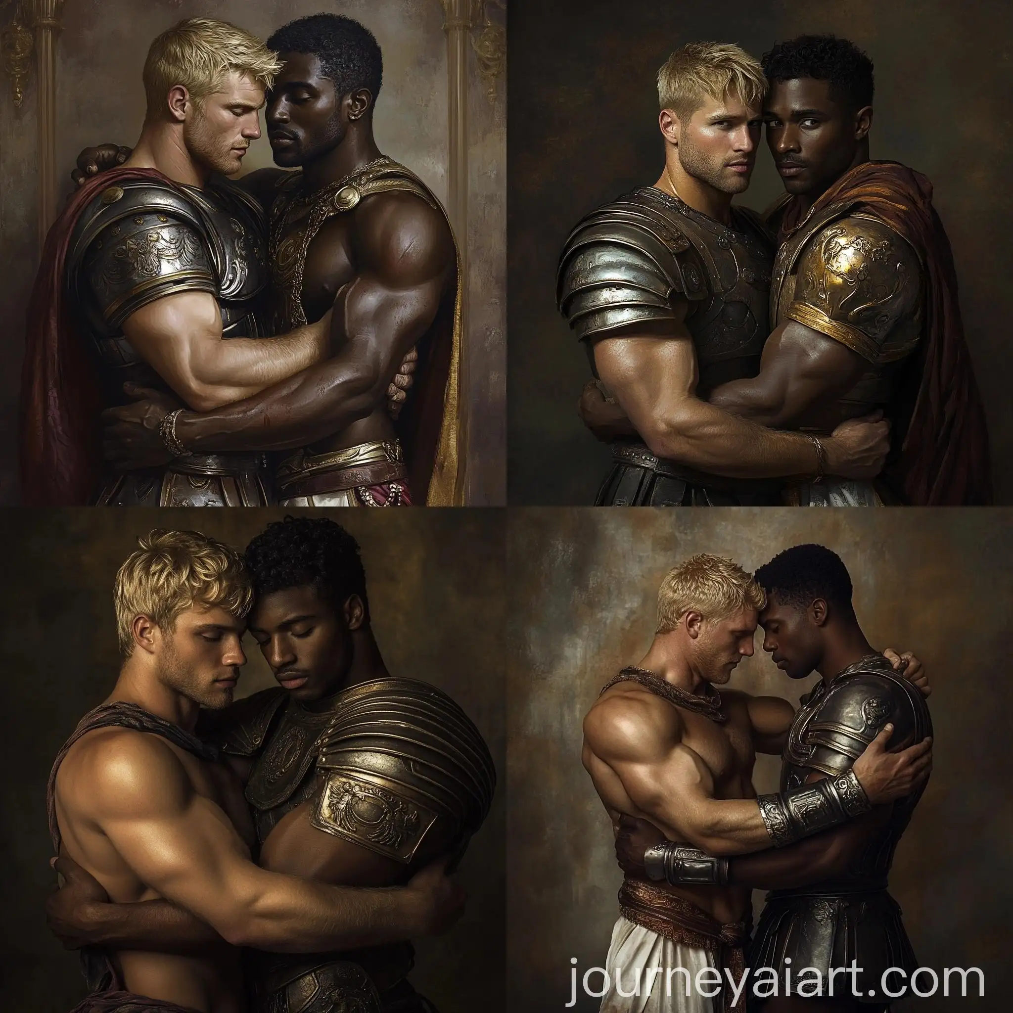 Muscular-Blonde-Roman-Soldier-Embracing-DarkSkinned-Comrade-in-Armor